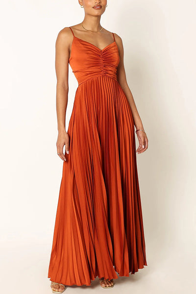 Catch The Light Satin Pleated V-neck Slip Maxi Dress
