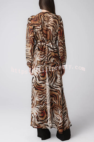 Adrenia Leopard Print Long Sleeve Metal Buckle Elastic Waist Cover-up Midi Coat