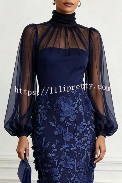 Tanie Tulle High Neck Long Lantern Sleeve 3D Floral Appliqués Hem Midi Dress