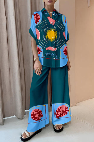 Sun Print Oversized Blouse and Elastic Waist Pocketed Pants Set