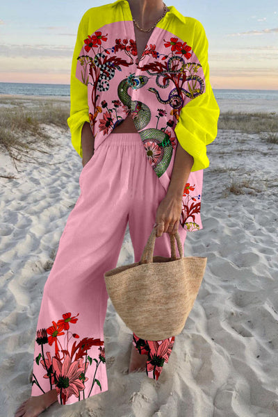 Plant and Snake Print Oversized Shirt and Elastic Waist Pocket Pants Set