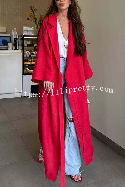 Linen Blend Solid Color Casual Lapel Tie Loose Maxi Dress