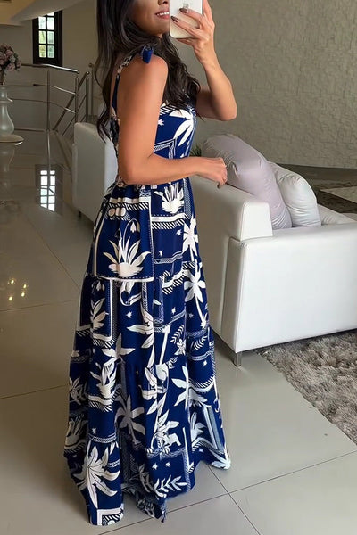 Botanical Print Suspender Tie Back Pleated Holiday Maxi Dress