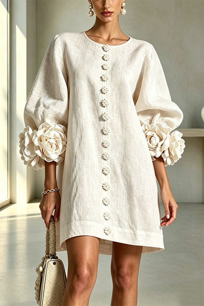 Rima Linen Blend Flowers Button Down Floral Cuffs Half Sleeve Mini Dress