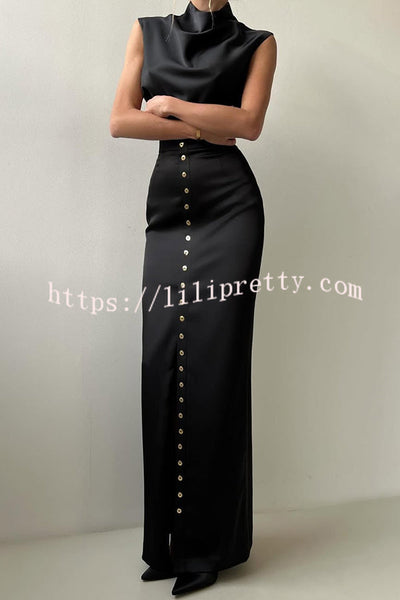 Solid Color Casual Sleeveless Crop Top and Elegant Button-down Maxi Skirt Set
