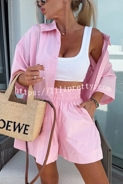 Summer Casual Loose Short-sleeved Shirt and Elastic High Waist Shorts Set