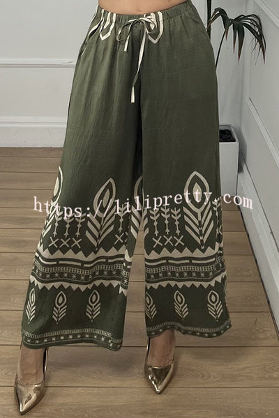 Unique Print Elastic Waist Casual Pocket Wide Leg Pants