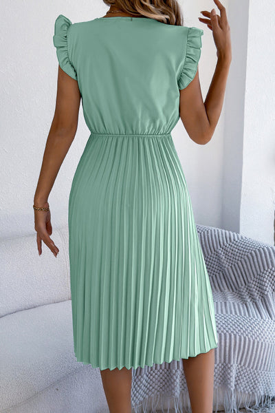 Solid Color V-neck Lace-trimmed Sleeveless Casual Pleated Midi Dress