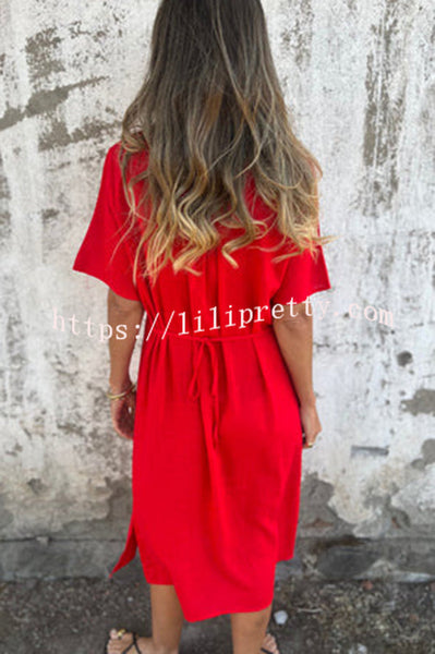 Embroidered Pattern V-neck Short-sleeved Loose Midi Dress