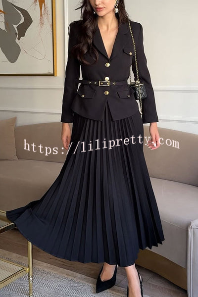 Solid Color Lapel Button Belt Blazer and Pleated Casual Maxi Skirt Set