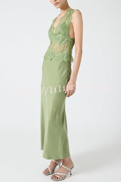 Wonderful Fusion Satin Lace Trim See-through Waist V-neck Drape Maxi Dress