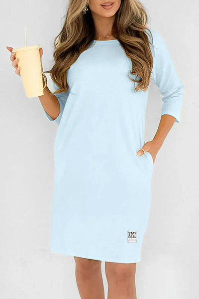 Solid Color Round Neck Long Sleeve Loose Casual Mini Dress