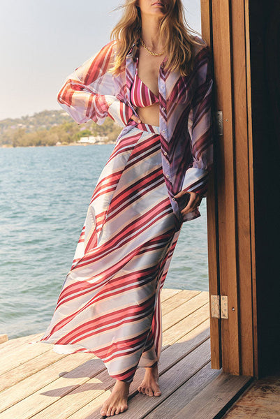 Brighter Days Satin Striped High Rise A-line Slit Maxi Skirt