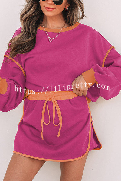 Fashion Round Neck Long Sleeve Spliced Casual Top and Elastic Waist Loose Shorts Set