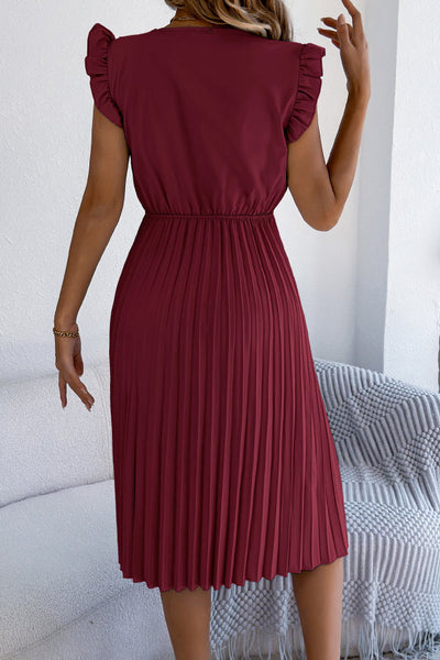 Solid Color V-neck Lace-trimmed Sleeveless Casual Pleated Midi Dress