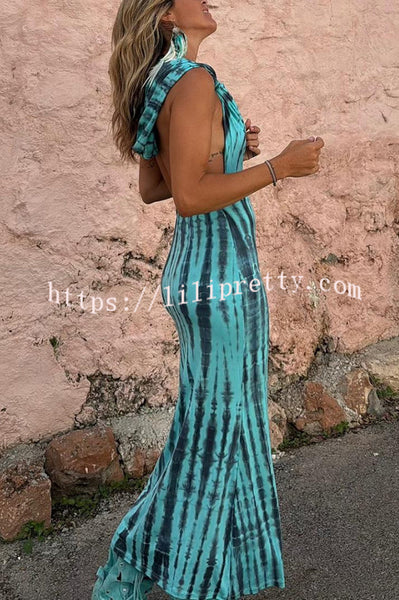 Pietra Tie Dye Print Scoop Neck Backless Hooded Stretch Maxi Dress