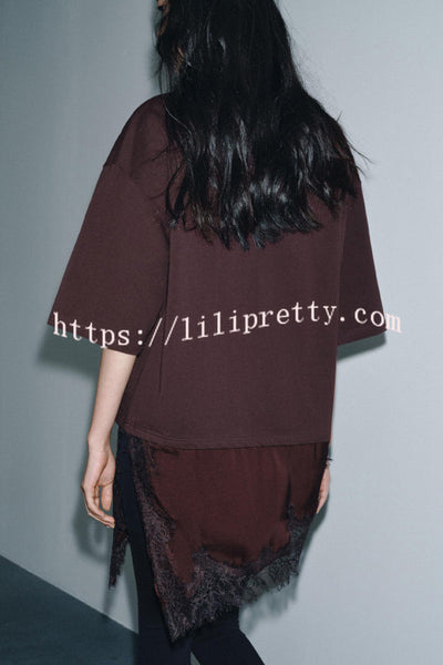 Stylish Round Neck Short-sleeved Patchwork Lace Hem Loose T-shirt