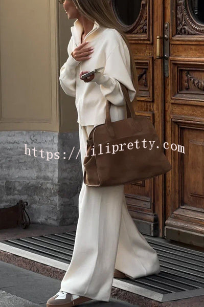 Effortlessly Stylish Ribbed Zipper High Neck Sweatshirt and Elastic Waist Pocketed Loose Pants Set