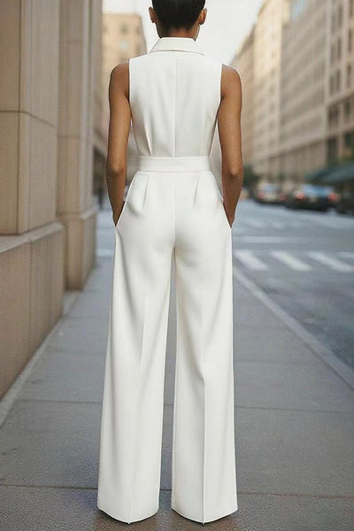 Fashion Lapel Sleeveless High Waist Tie Casual Pocket Wide Leg Jumpsuit