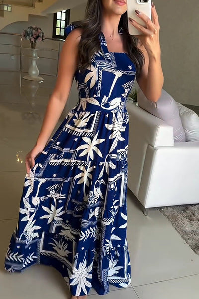 Botanical Print Suspender Tie Back Pleated Holiday Maxi Dress