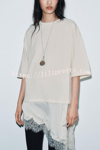 Stylish Round Neck Short-sleeved Patchwork Lace Hem Loose T-shirt