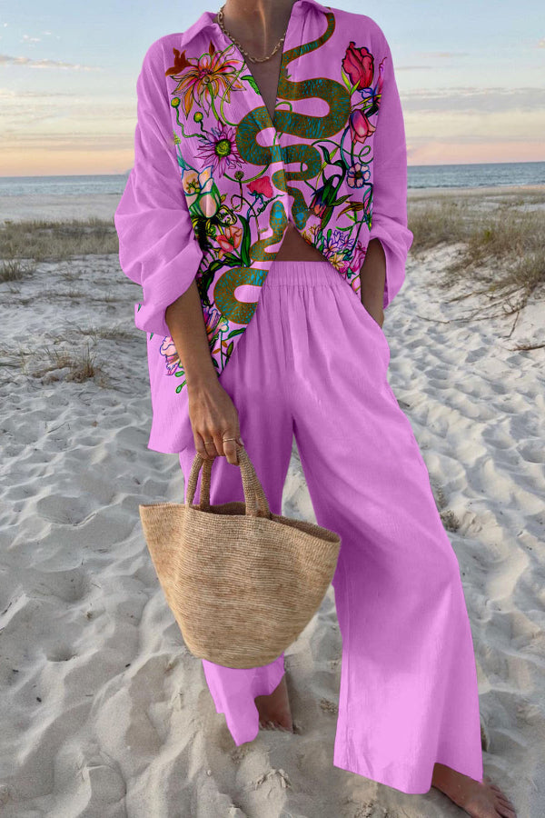 Snake Print Oversized Shirt and Elastic Waist Pocket Pants Set