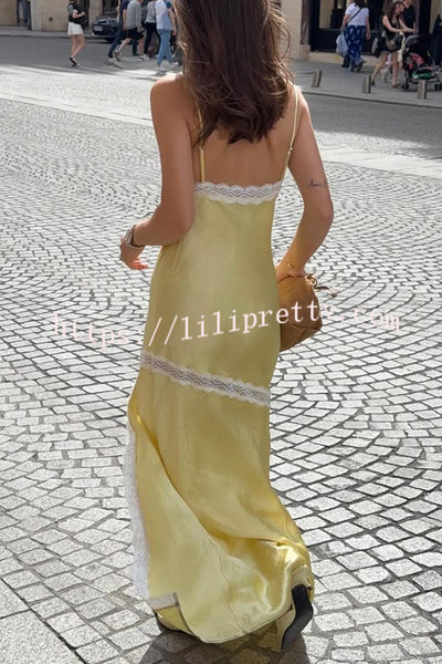 Sweet Trend Satin Lace Trim V-neck Slit Slip Maxi Dress