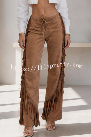 Vintage-style Western Suede Lace-up Waist Tassel Trim Pocket Loose Pants