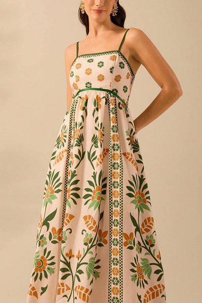 Unique Printed Sling Back Pleated Loose Holiday Maxi Dress