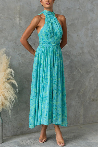 Eternal Bloom Chiffon Floral Print Halter Tie High Neck Maxi Dress