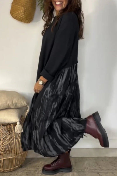 Fashionable Tie-dye Patchwork Round Neck Long Sleeve Pocket Loose Maxi Dress