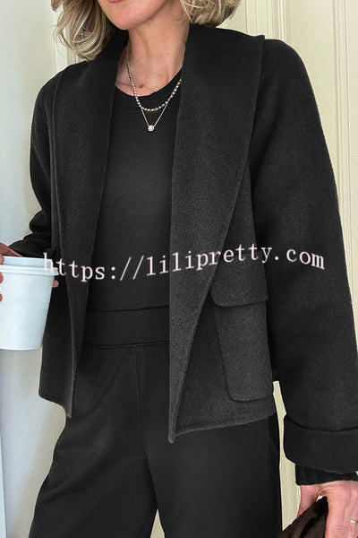 Comfortable Season Shawl Collar Open-front Long Sleeve Flap Pockets Crop Coat