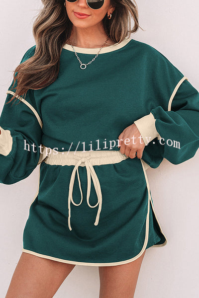 Fashion Round Neck Long Sleeve Spliced Casual Top and Elastic Waist Loose Shorts Set