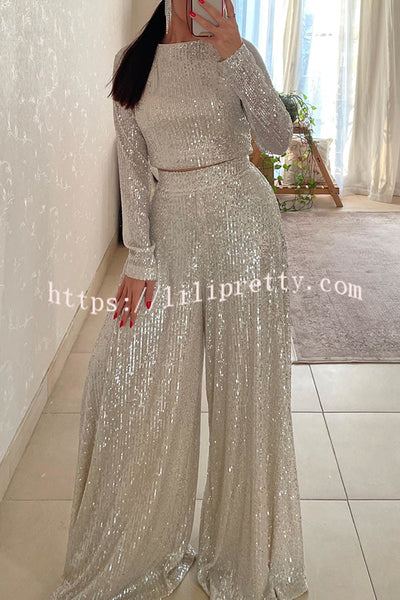 Fashionable Shiny Sequined Long-Sleeved Cropped Top and Casual Wide-Leg Pants Set