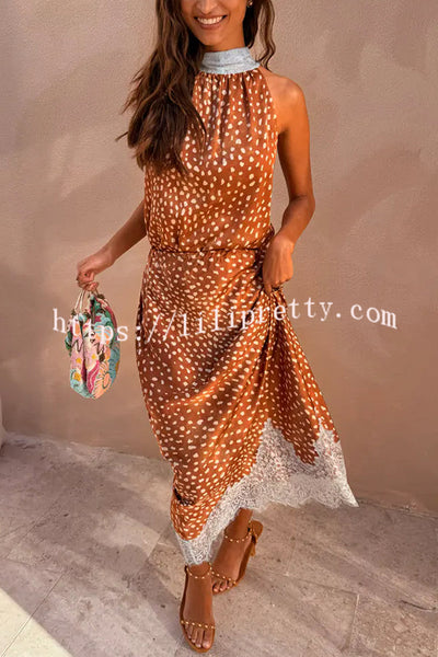 Stunning Fawn Print Contrast Color Satin Lace Trim Mid Rise Maxi Skirt