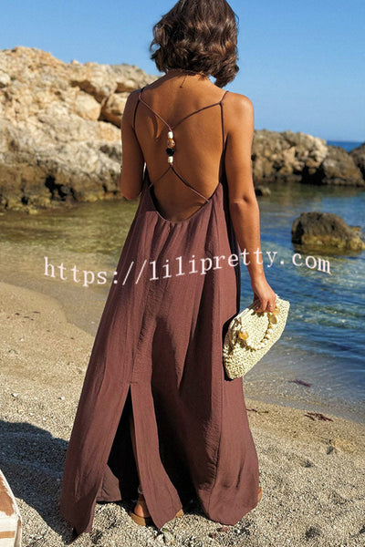 Sunny Beach Straps Unique Beaded Detail Backless Slit Maxi Dress