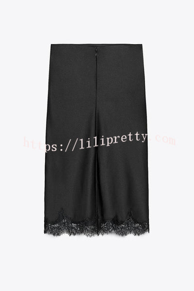 Dolly Satin Lace Trim Mid Rise Slit Drape Midi Skirt