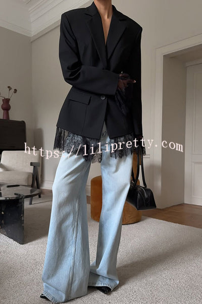 Solid Color Lace Panel Long Sleeve Button Elegant Blazer
