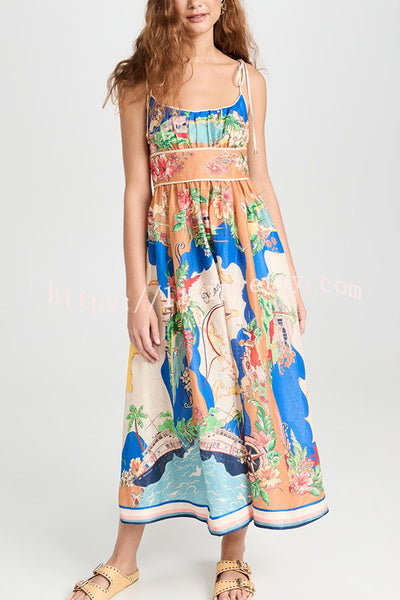 Unique Printed Lace-up Suspender Pockets Casual Resort Style Midi Dress