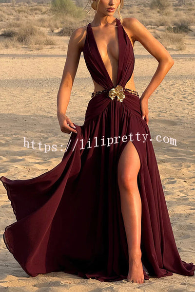 Kinara Leopard Print Deep V-neck Metal Flower Hollow Beads Detail Slit Maxi Dress