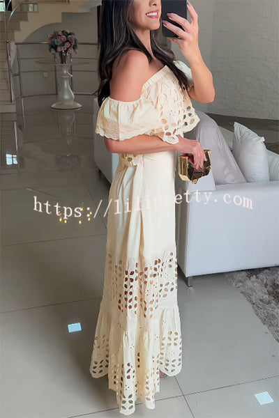 Valia Crochet Cutout Lace Off Shoulder Top and Elastic Waist A-line Maxi Skirt Set