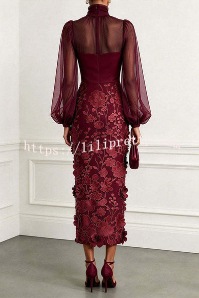 Tanie Tulle High Neck Long Lantern Sleeve 3D Floral Appliqués Hem Midi Dress
