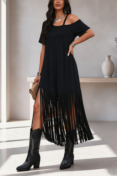 Edgy Cold Shoulder Tassel Detail Maxi Dress