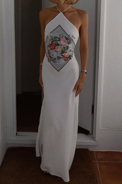 Plant Print Halterneck Sexy Lace-up Backless Slim Maxi Dress
