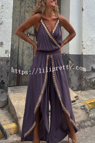 Tamia Gold Trim Elastic Waist Slit Wide Leg Slip Jumpsuit