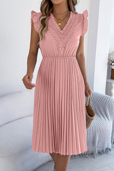 Solid Color V-neck Lace-trimmed Sleeveless Casual Pleated Midi Dress
