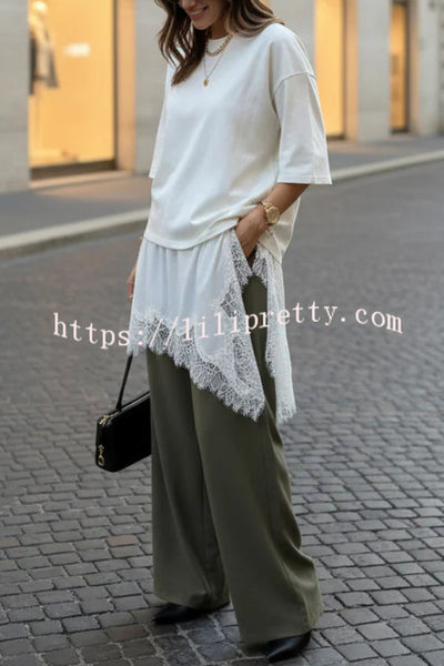 Stylish Round Neck Short-sleeved Patchwork Lace Hem Loose T-shirt