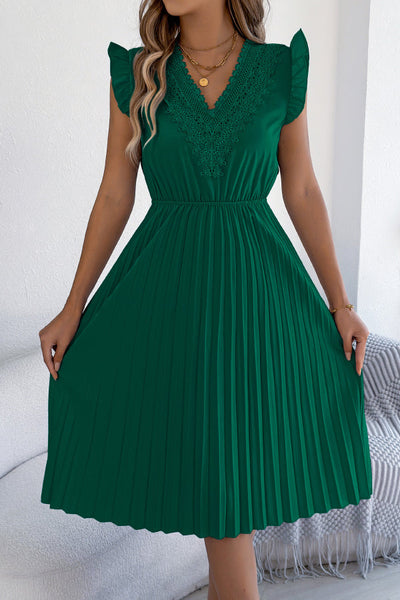 Solid Color V-neck Lace-trimmed Sleeveless Casual Pleated Midi Dress