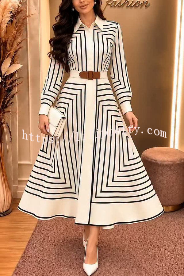Maderia Geometric Lines print Long Sleeve Belted Shirt Midi Dress