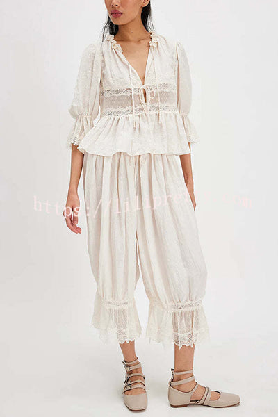 Pastoral Style Elastic Waist Lace Hem Bloomer Pants